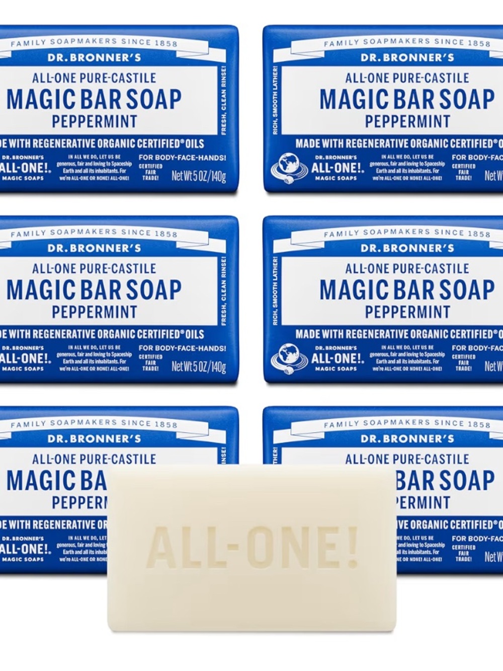 Dr. Bronner's Pure-Castile Magic Soap Bars Peppermint (6-Pack)
